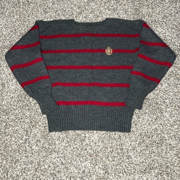 Vintage POLO RALPH LAUREN Gray Red Wool CROWN CREST Embroidered SWEATER Mens XL - Picture 2 of 8